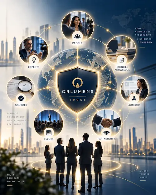 ORLUMENS trust ecosystem showing experts, authors, credible knowledge, sources, events and partnerships connected through a trusted business network